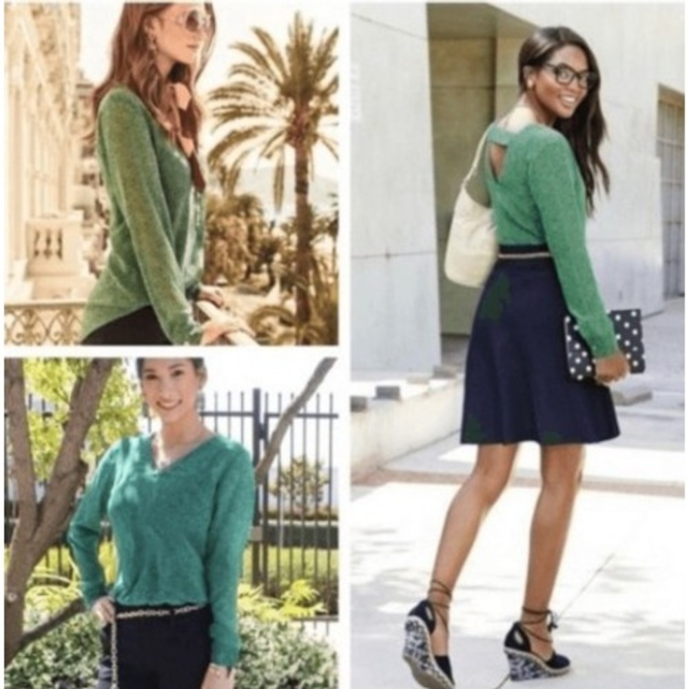 Cabi Green Floral V-Neck Long Sleeve Sheer Blouse with Back Cutout Detail 5208